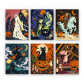 Midnight Folk Tales mini paint by numbers set: six spooky folk-tale scenes with a ghostly bride, frog witch, skeleton rider, flying witch, black cat and candlelit mouse