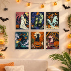 Six finished Midnight Folk Tales mini paintings hung on a wall above a table