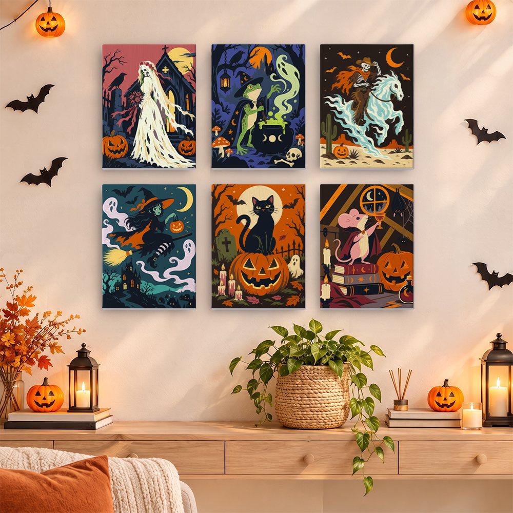 Midnight Folk Tales mini paintings displayed as a gallery wall in a sunny kitchen