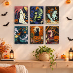 Midnight Folk Tales mini paintings displayed as a gallery wall in a sunny kitchen