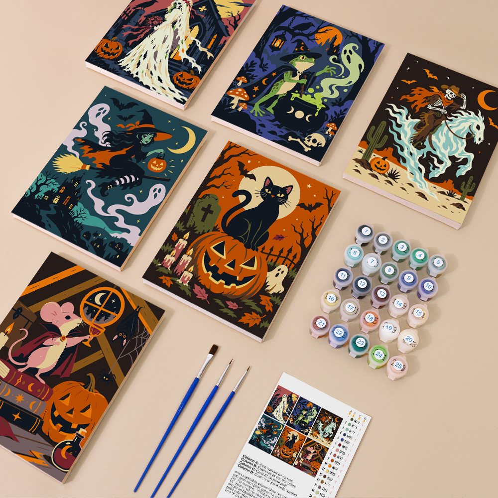 Midnight Folk Tales mini paint by numbers kit with six numbered canvases, acrylic paints, brushes and layout