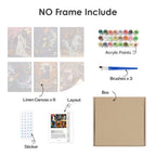 What's included without a frame: six rolled Midnight Folk Tales mini canvases, acrylic paints, three brushes and layout