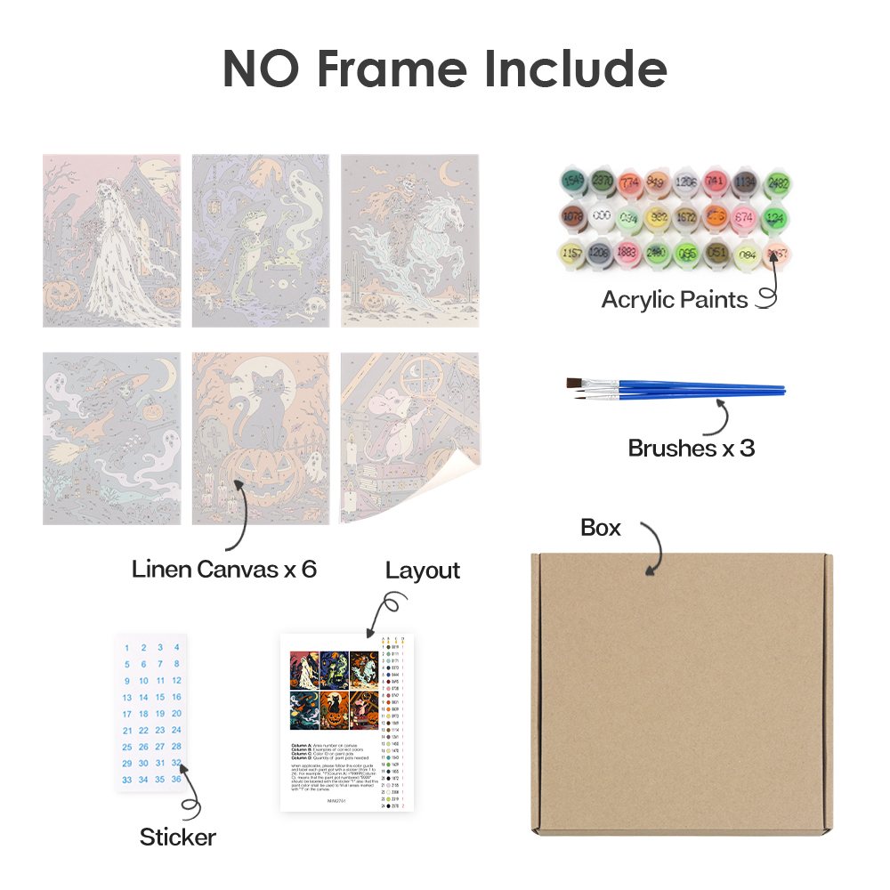 What's included without a frame: six rolled Midnight Folk Tales mini canvases, acrylic paints, three brushes and layout