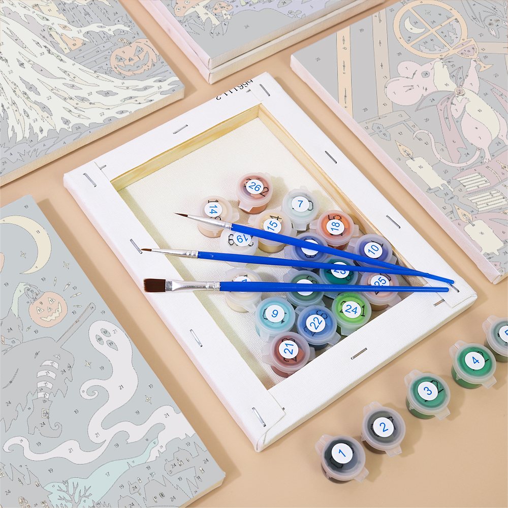 Numbered paint pots and brushes on a pre-stretched Midnight Folk Tales mini canvas