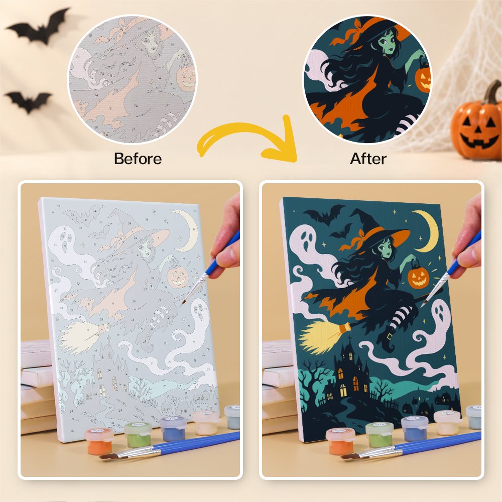 Before and after of a Midnight Folk Tales mini paint by numbers canvas