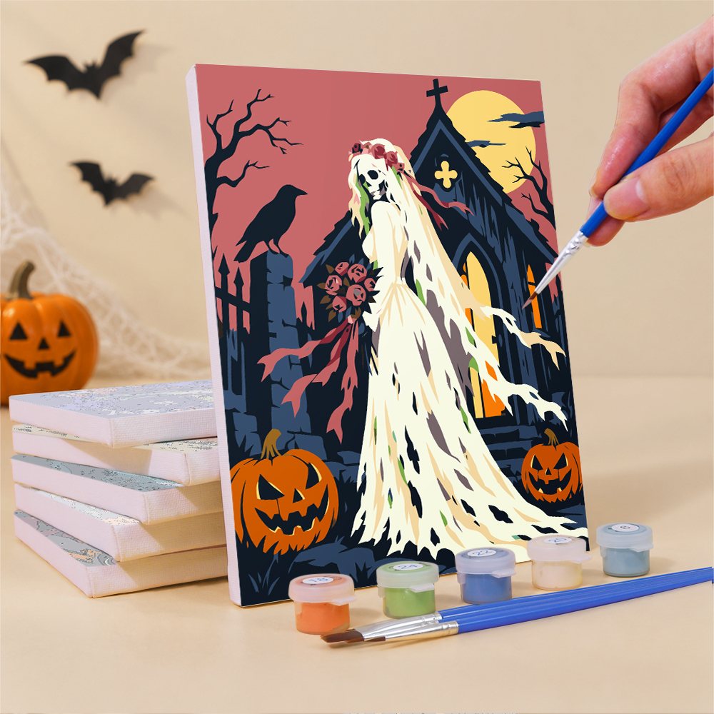 Painting a Midnight Folk Tales mini canvas propped up beside numbered acrylic paints