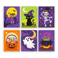 Midnight Friends mini paint by numbers set: six Halloween friends, including an owl, a black cat, a skeleton, a candy pumpkin, a ghost and a cauldron