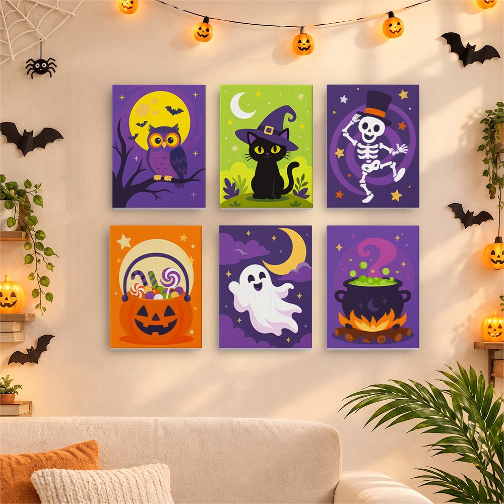 Six finished Midnight Friends mini paintings hung on a wall above a table