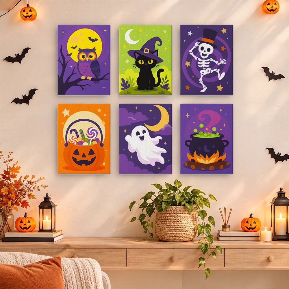Midnight Friends mini paintings displayed as a gallery wall in a sunny kitchen