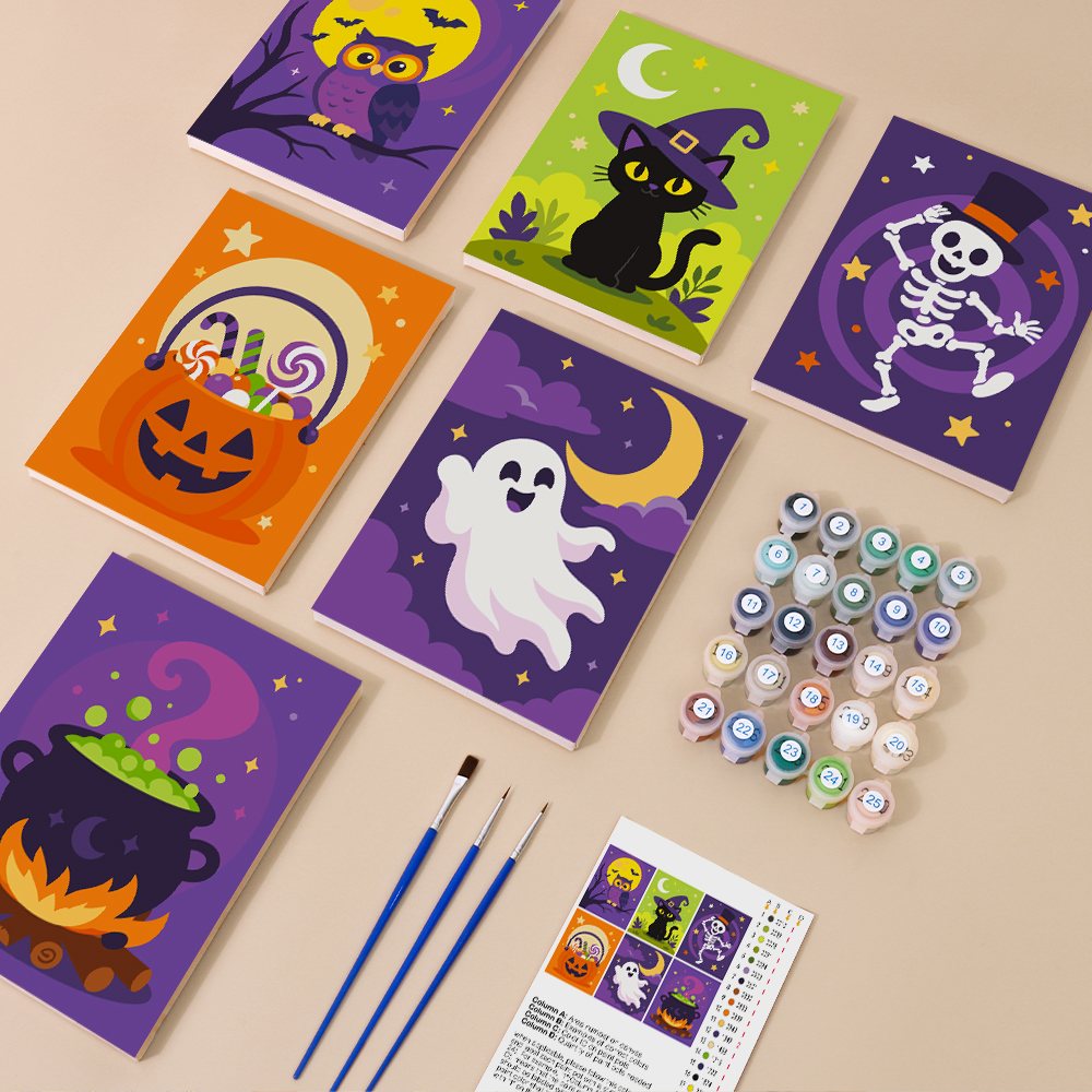 Midnight Friends mini paint by numbers kit with six numbered canvases, acrylic paints, brushes and layout