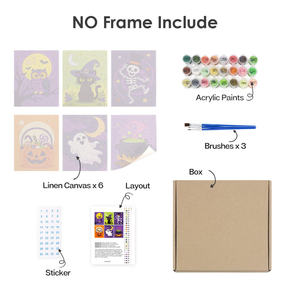 What's included without a frame: six rolled Midnight Friends mini canvases, acrylic paints, three brushes and layout