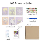 What's included without a frame: six rolled Midnight Friends mini canvases, acrylic paints, three brushes and layout