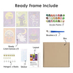What's included pre-stretched on frame: six framed Midnight Friends mini canvases, paints, three brushes, hangers and layout