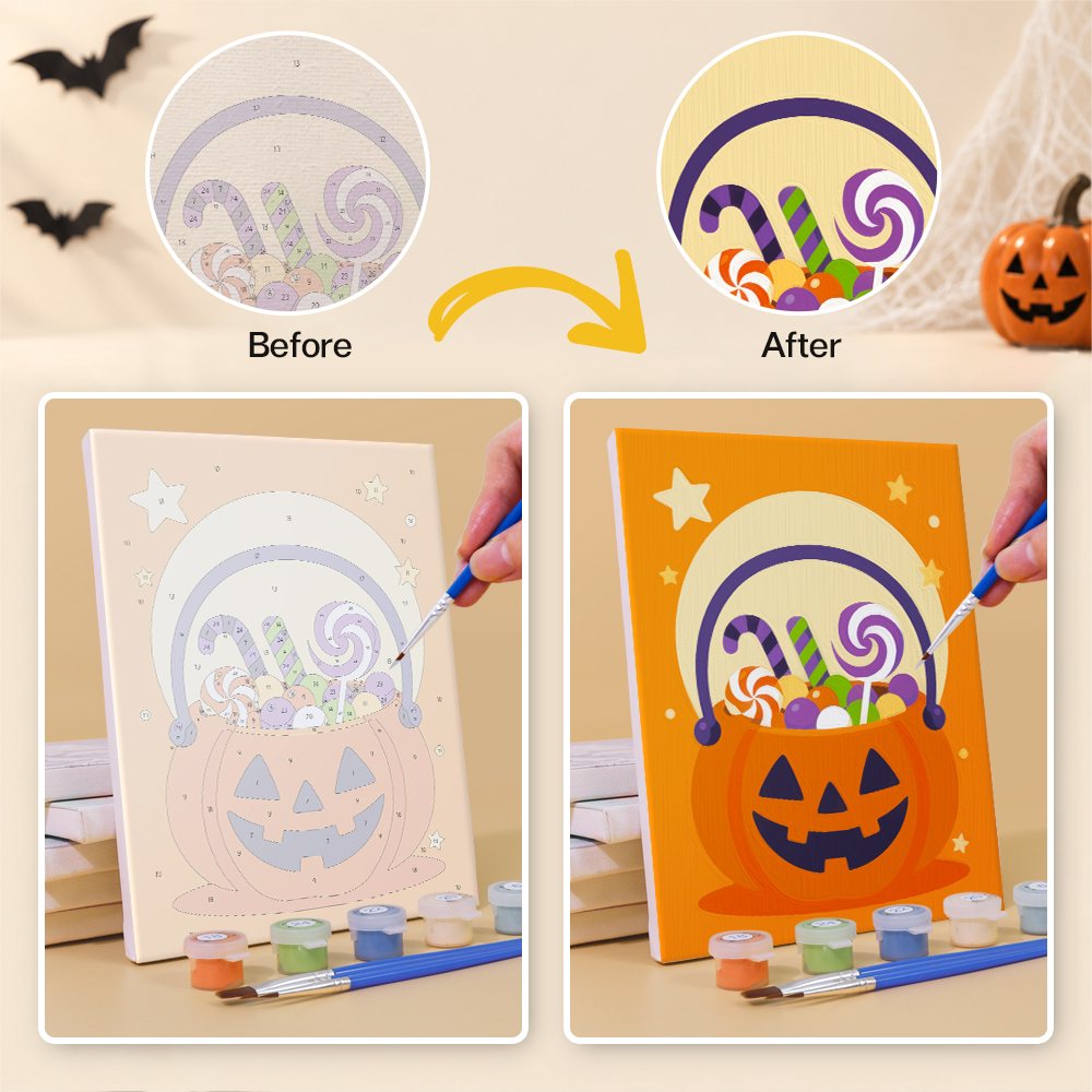 Before and after of a Midnight Friends mini paint by numbers canvas