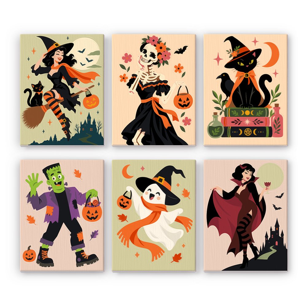 Midnight Monster Ball mini paint by numbers set: six classic Halloween characters, including a witch, skeleton lady, black cat, stitched monster, ghost and vampire