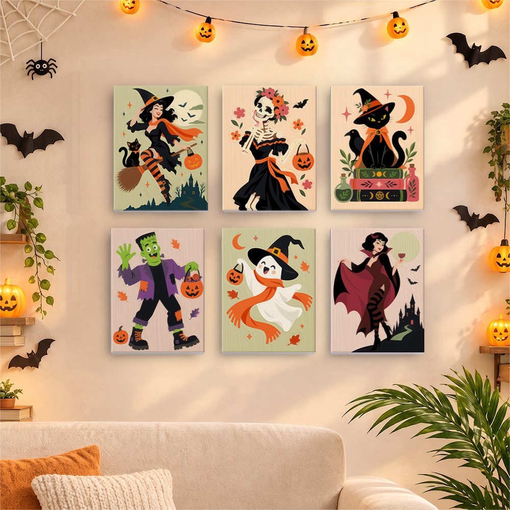 Six finished Midnight Monster Ball mini paintings hung on a wall above a table