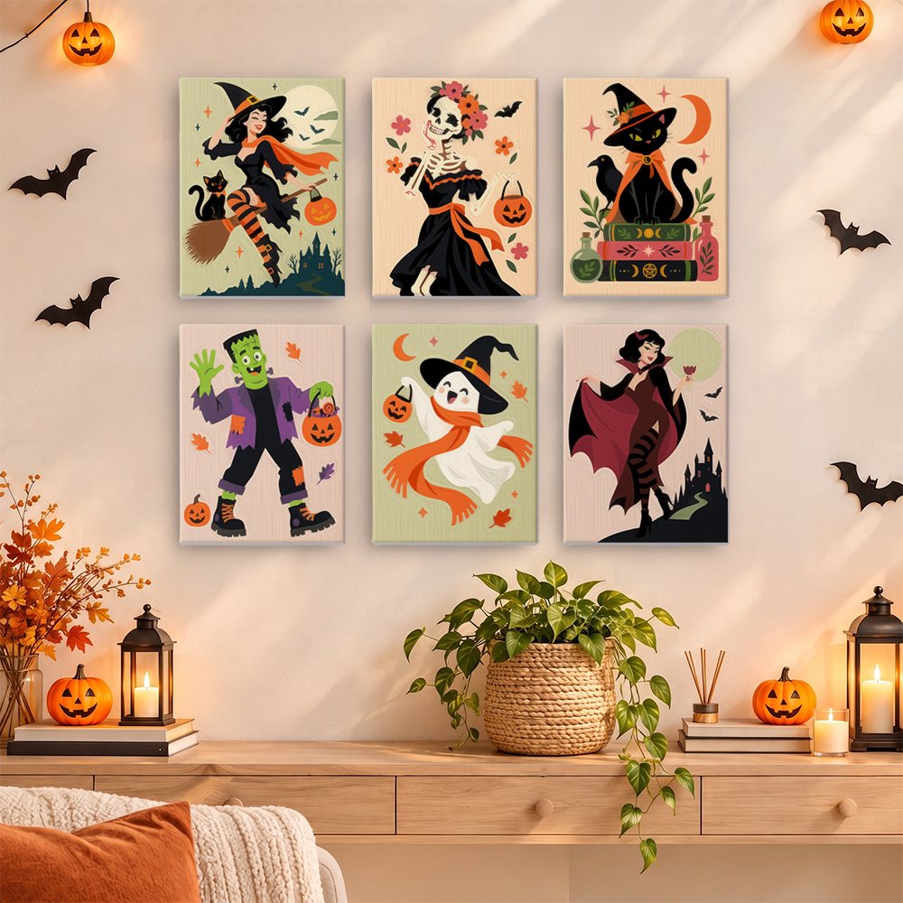Midnight Monster Ball mini paintings displayed as a gallery wall in a sunny kitchen