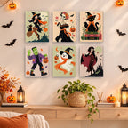 Midnight Monster Ball mini paintings displayed as a gallery wall in a sunny kitchen