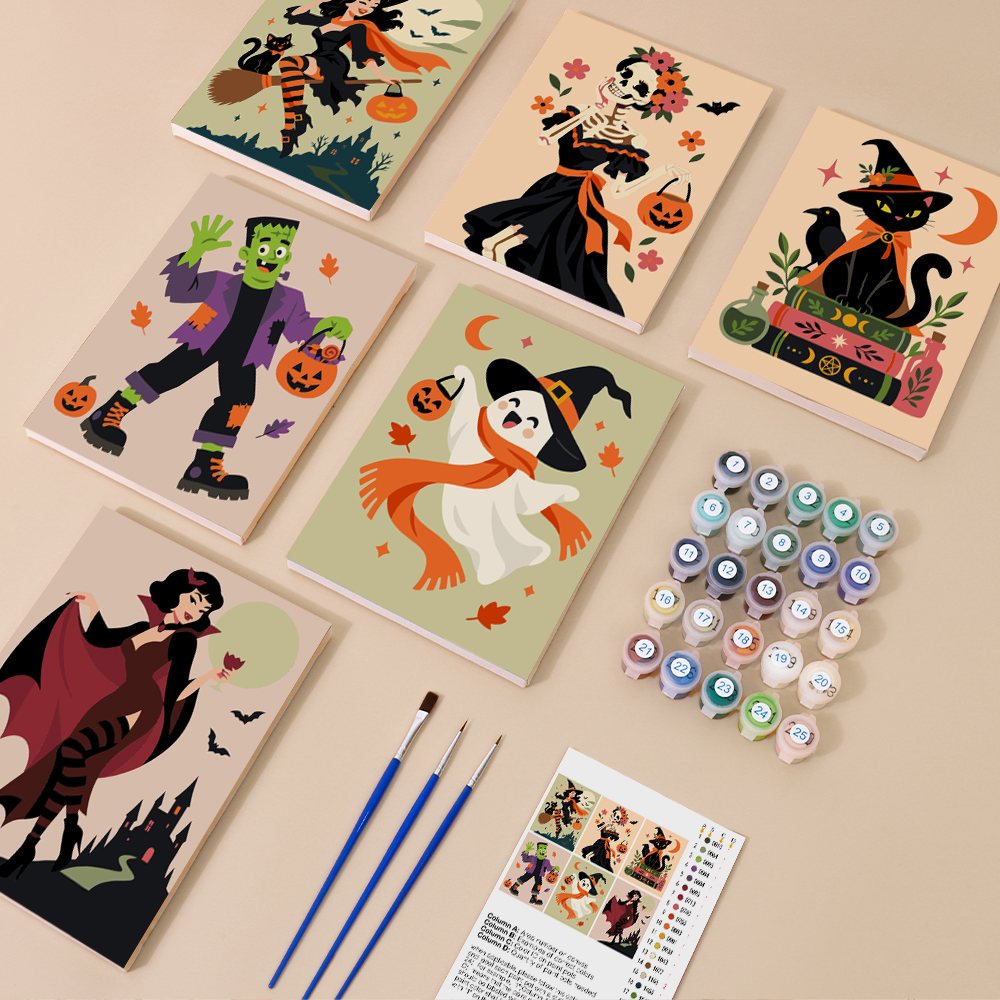 Midnight Monster Ball mini paint by numbers kit with six numbered canvases, acrylic paints, brushes and layout