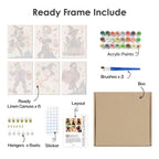 What's included pre-stretched on frame: six framed Midnight Monster Ball mini canvases, paints, three brushes, hangers and layout