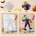 Before and after of a Midnight Monster Ball mini paint by numbers canvas