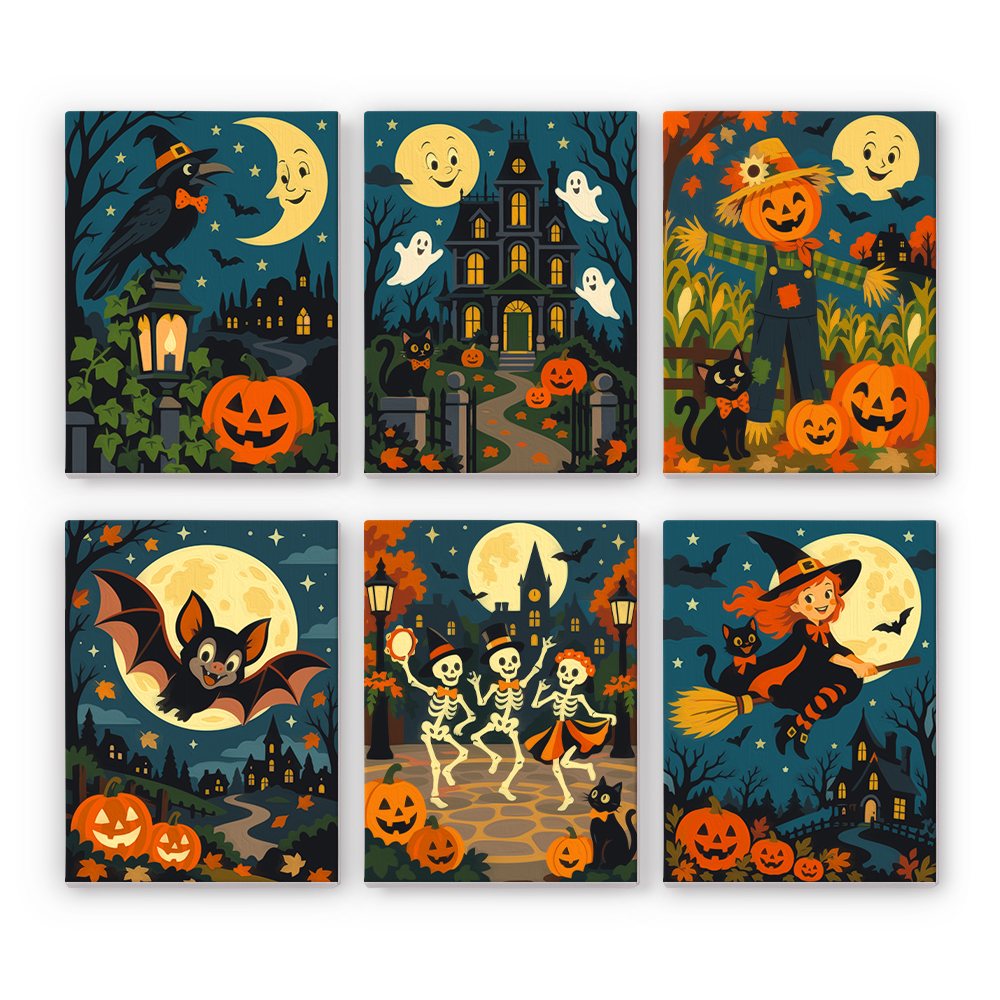 Midnight Moon Parade mini paint by numbers set: six vintage midnight scenes under smiling moons with a crow, haunted mansion, scarecrow, bat, dancing skeletons and a witch