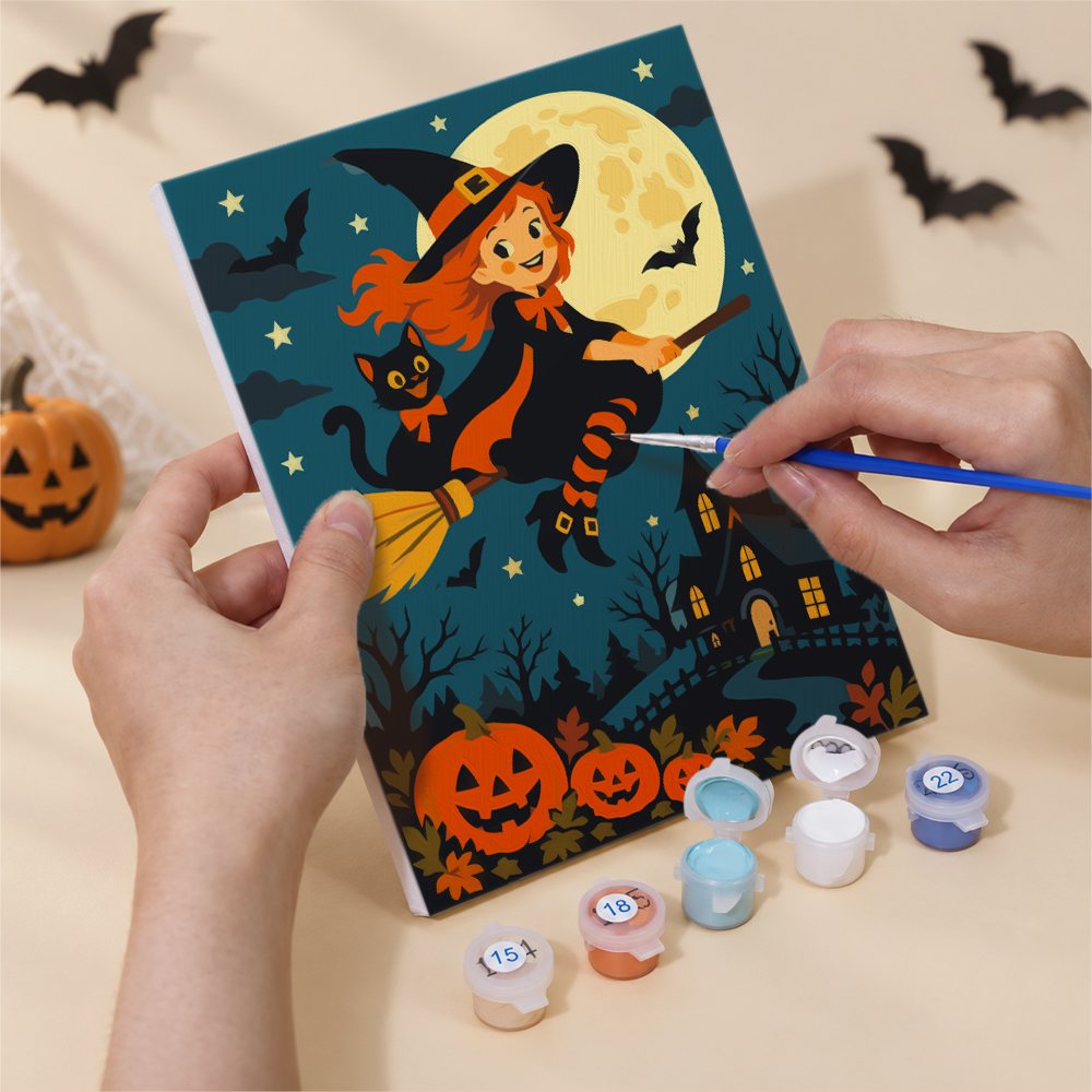 Numbered paint pots and brushes on a pre-stretched Midnight Moon Parade mini canvas