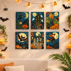 Before and after of a Midnight Moon Parade mini paint by numbers canvas