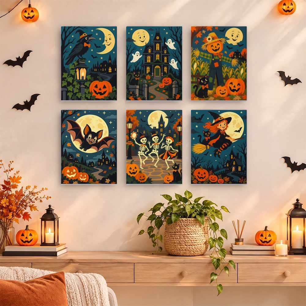 Painting a Midnight Moon Parade mini canvas propped up beside numbered acrylic paints