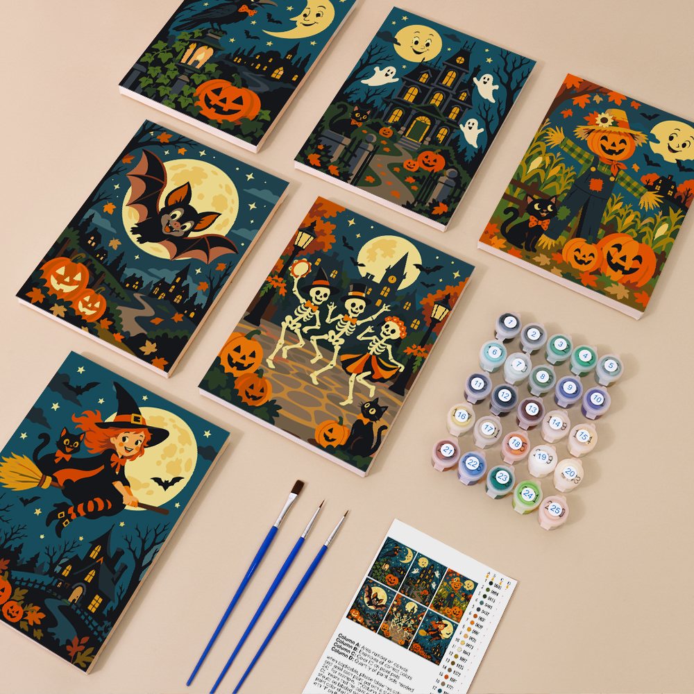 Painting one of the Midnight Moon Parade designs next to a stack of mini canvases