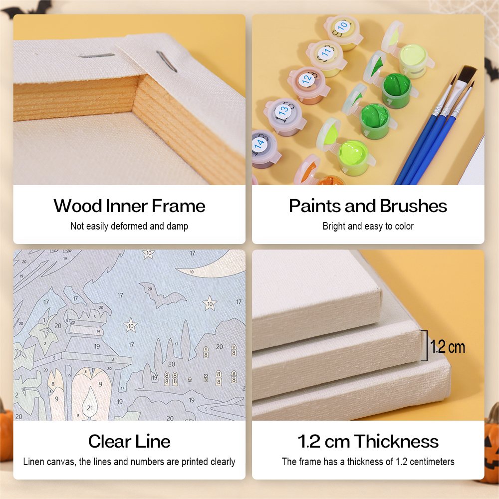 Midnight Moon Parade mini paint by numbers kit with six numbered canvases, acrylic paints, brushes and layout