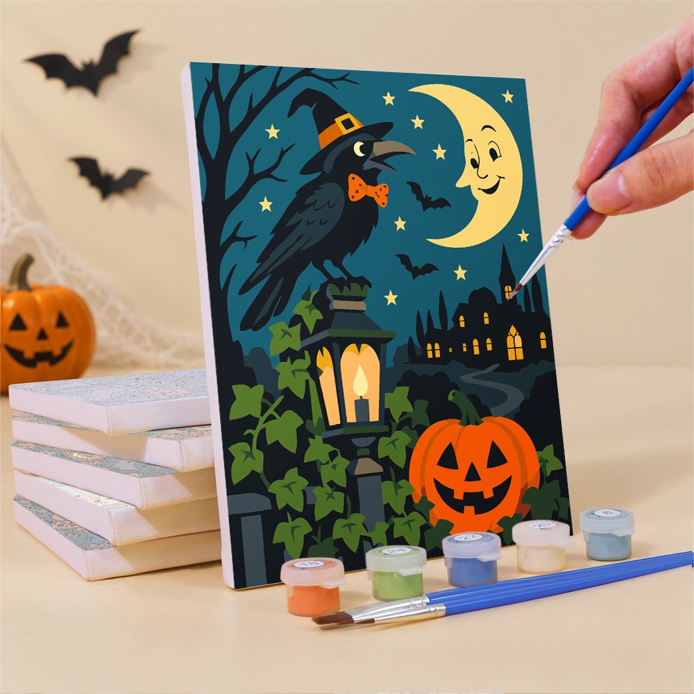 What's included pre-stretched on frame: six framed Midnight Moon Parade mini canvases, paints, three brushes, hangers and layout