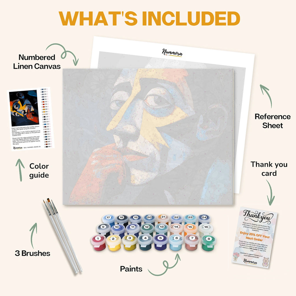 What's included in the Mind in Motion paint by numbers kit: numbered linen canvas, reference sheet, color guide, 24 acrylic paints, 3 brushes and thank you card