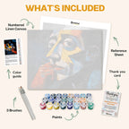 What's included in the Mind in Motion paint by numbers kit: numbered linen canvas, reference sheet, color guide, 24 acrylic paints, 3 brushes and thank you card