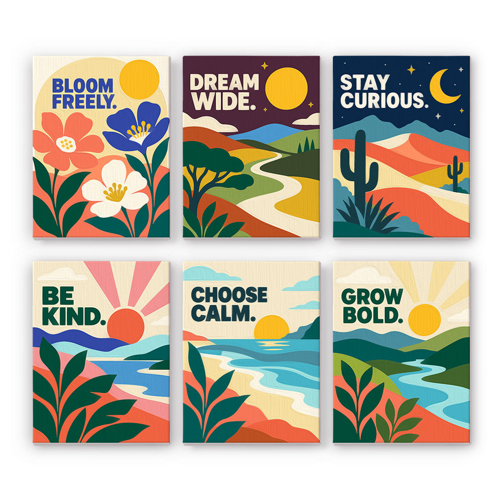 Mindful Mantras mini paint by numbers set: six uplifting quote posters with flowers, hills, desert, sunsets and rivers