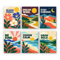 Mindful Mantras mini paint by numbers set: six uplifting quote posters with flowers, hills, desert, sunsets and rivers