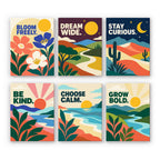 Mindful Mantras mini paint by numbers set: six uplifting quote posters with flowers, hills, desert, sunsets and rivers