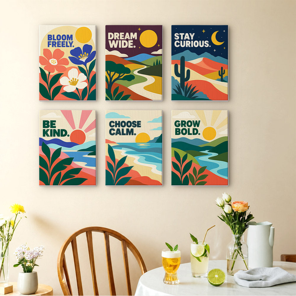Mindful Mantras mini paintings displayed as a gallery wall in a sunny kitchen