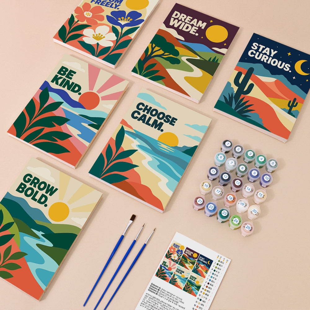Mindful Mantras mini paint by numbers kit with six numbered canvases, acrylic paints, brushes and layout