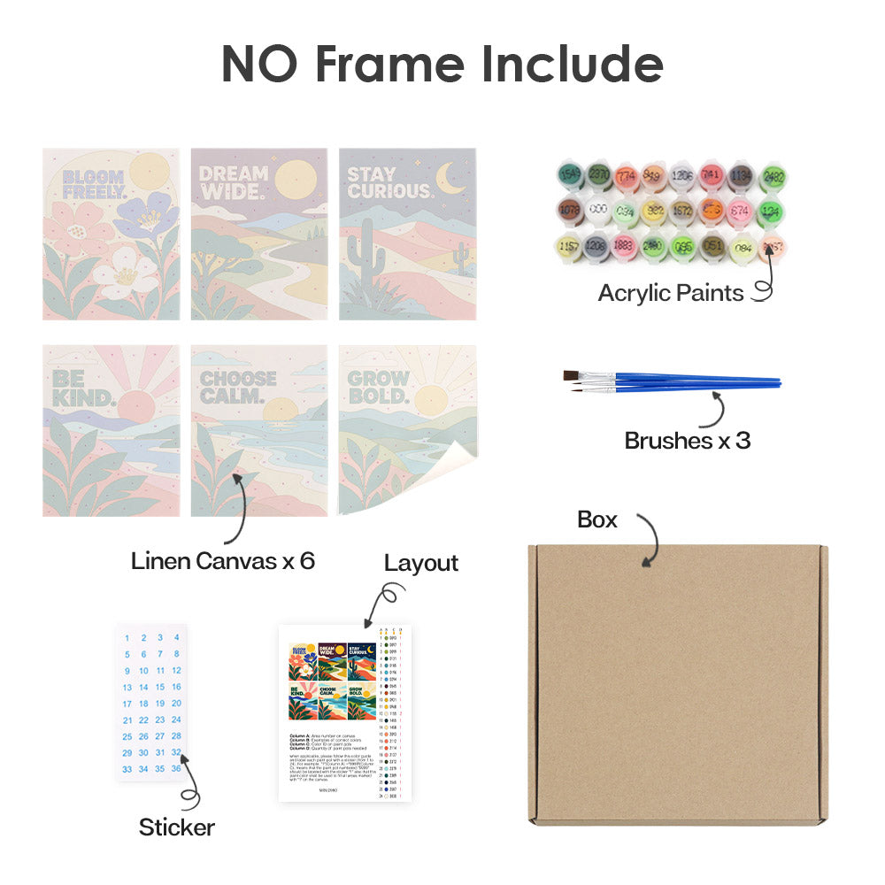 What's included without a frame: six rolled Mindful Mantras mini canvases, acrylic paints, three brushes and layout