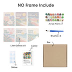 What's included without a frame: six rolled Mindful Mantras mini canvases, acrylic paints, three brushes and layout