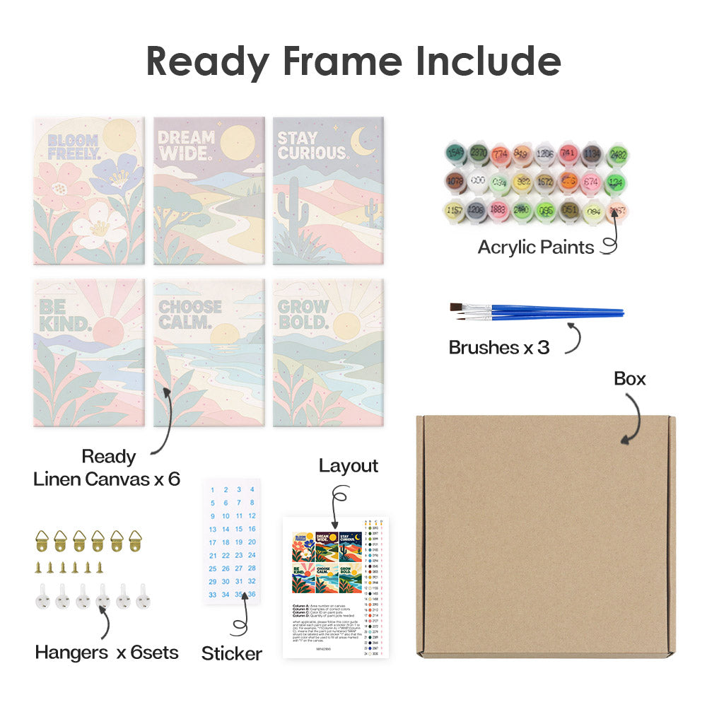 What's included pre-stretched on frame: six framed Mindful Mantras mini canvases, paints, three brushes, hangers and layout