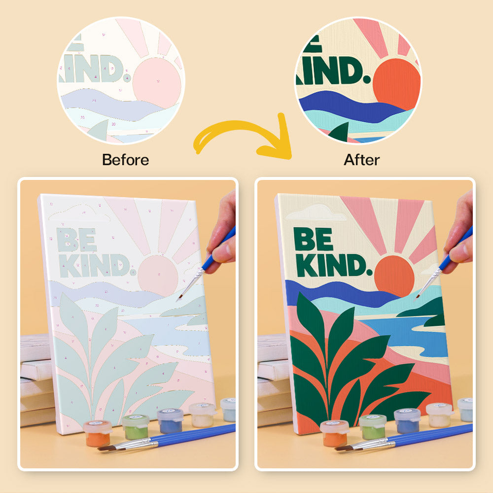 Before and after of a Mindful Mantras mini paint by numbers canvas