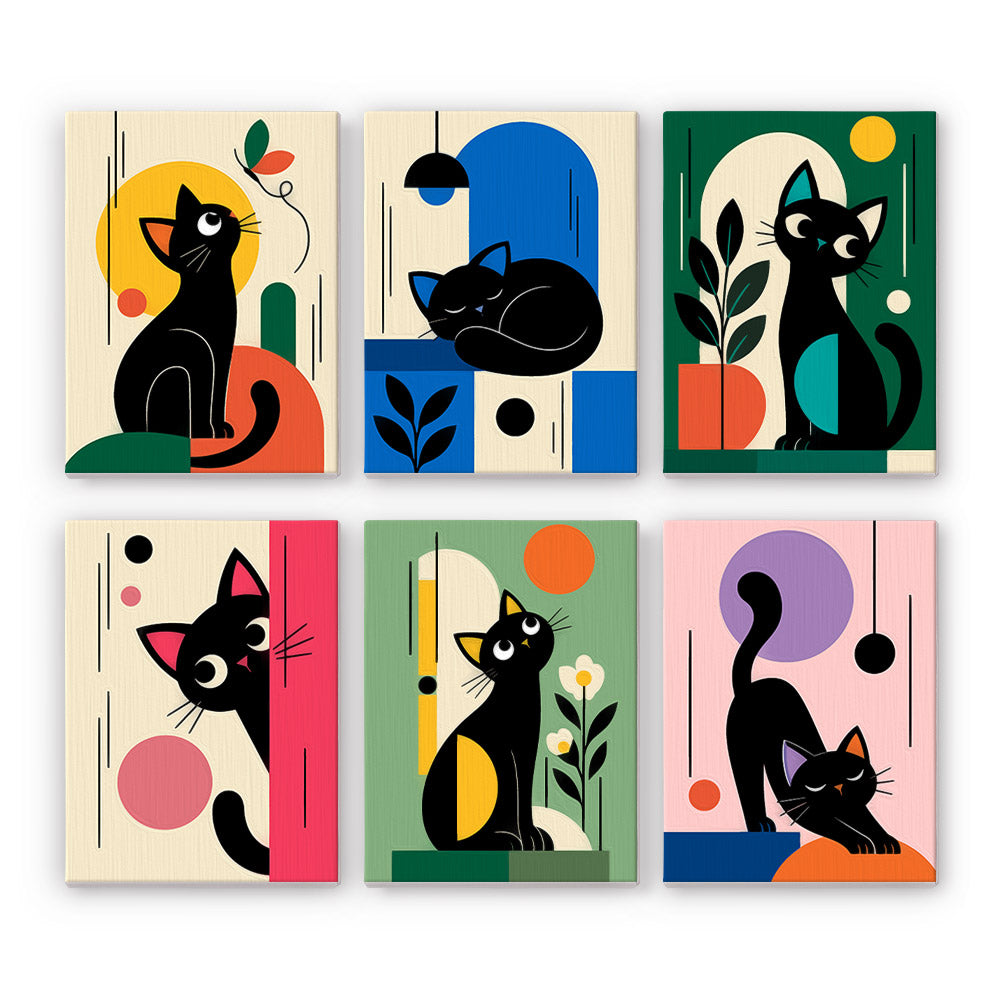 Mod Cats mini paint by numbers set: six designs of mid-century black cats with geometric shapes and color blocks