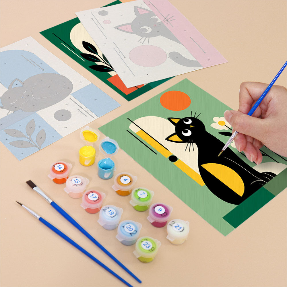 Filling in a Mod Cats mini canvas with numbered acrylic paints and a fine brush