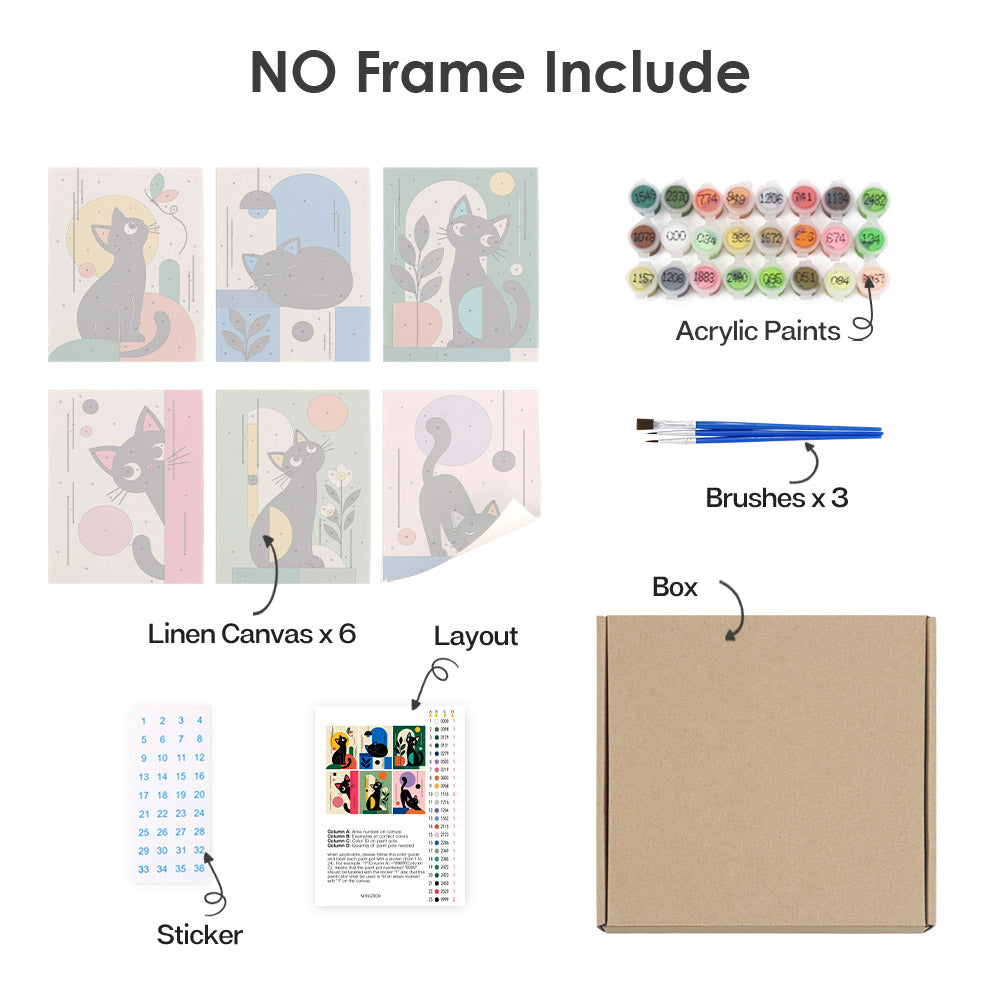 What's included without a frame: six rolled Mod Cats mini canvases, acrylic paints, three brushes and layout