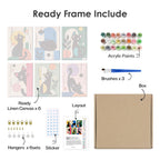 What's included pre-stretched on frame: six framed Mod Cats mini canvases, paints, three brushes, hangers and layout