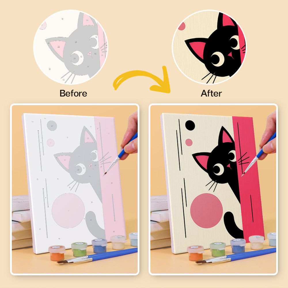 Before and after of a Mod Cats mini paint by numbers canvas