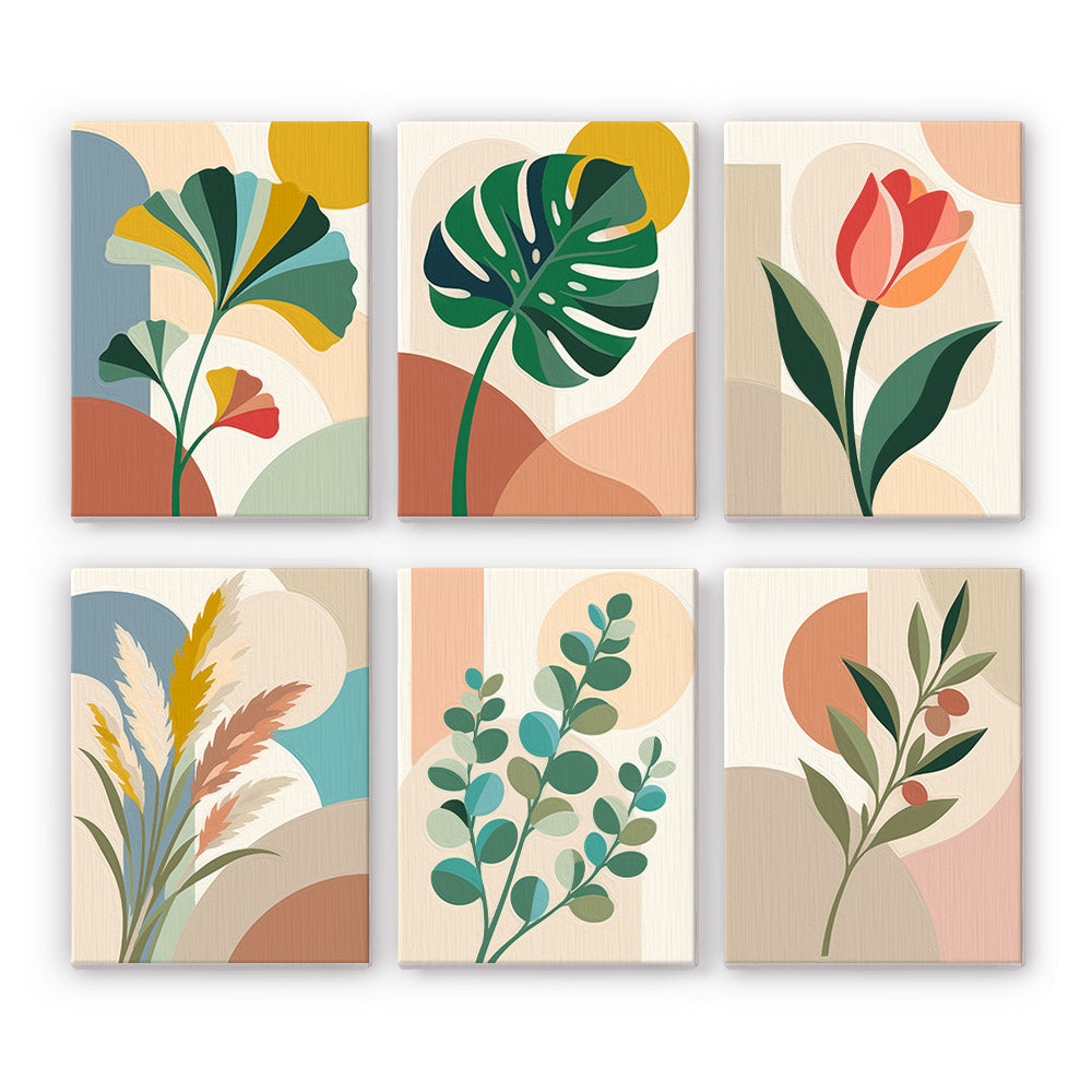 Modern Leaves mini paint by numbers set: six designs of ginkgo, monstera, tulip, pampas, eucalyptus and olive branches