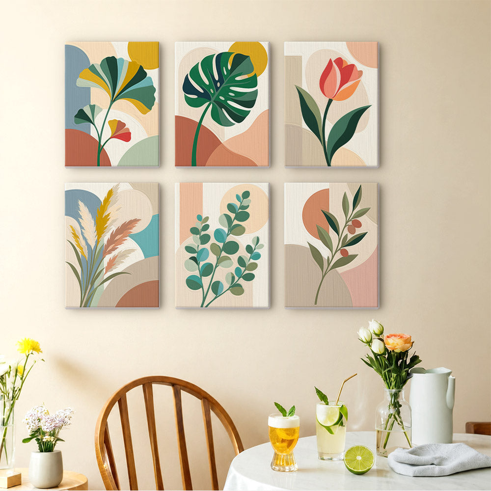 Modern Leaves mini paintings displayed as a gallery wall in a sunny kitchen